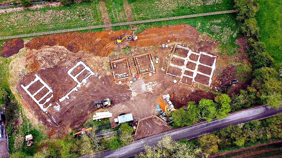 JDG Groundworks — Aerial overview — three foundation systems across a single site